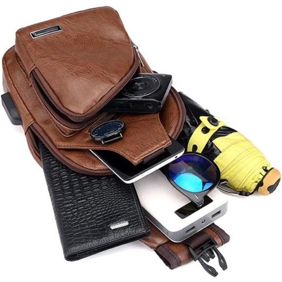 Leather Sling Bag Crossbody Backpack for Men Women Travel Outdoor - Picture 13 of 14